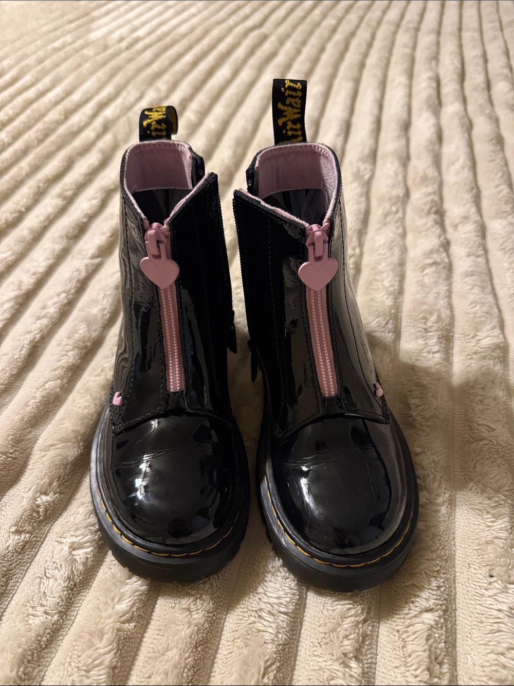 Dr. Martens Black Patent Kids Boots with Pink Heart Zippers